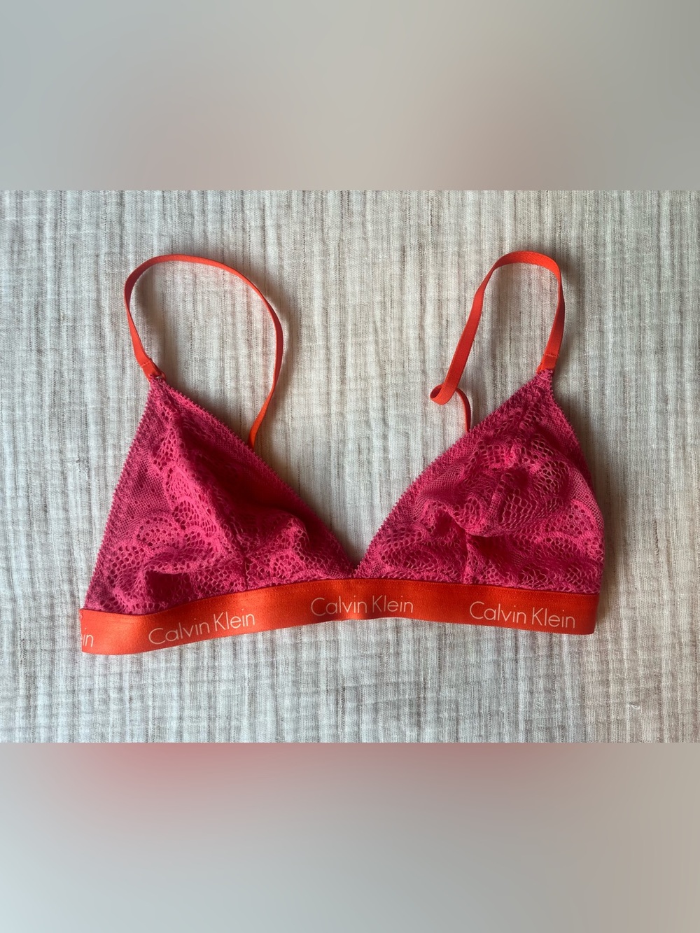 Calvin Klein Pink Lace Bralette Orange Logo Band Size Small